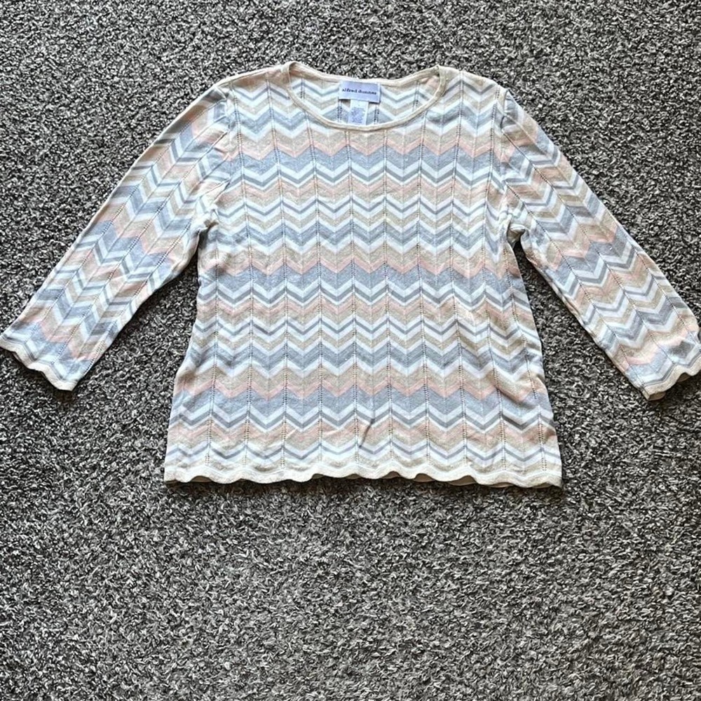 Alfred Dunner Womens L Chevron Pointelle Knit Metallic 3/4 Sleeve Sweater Top